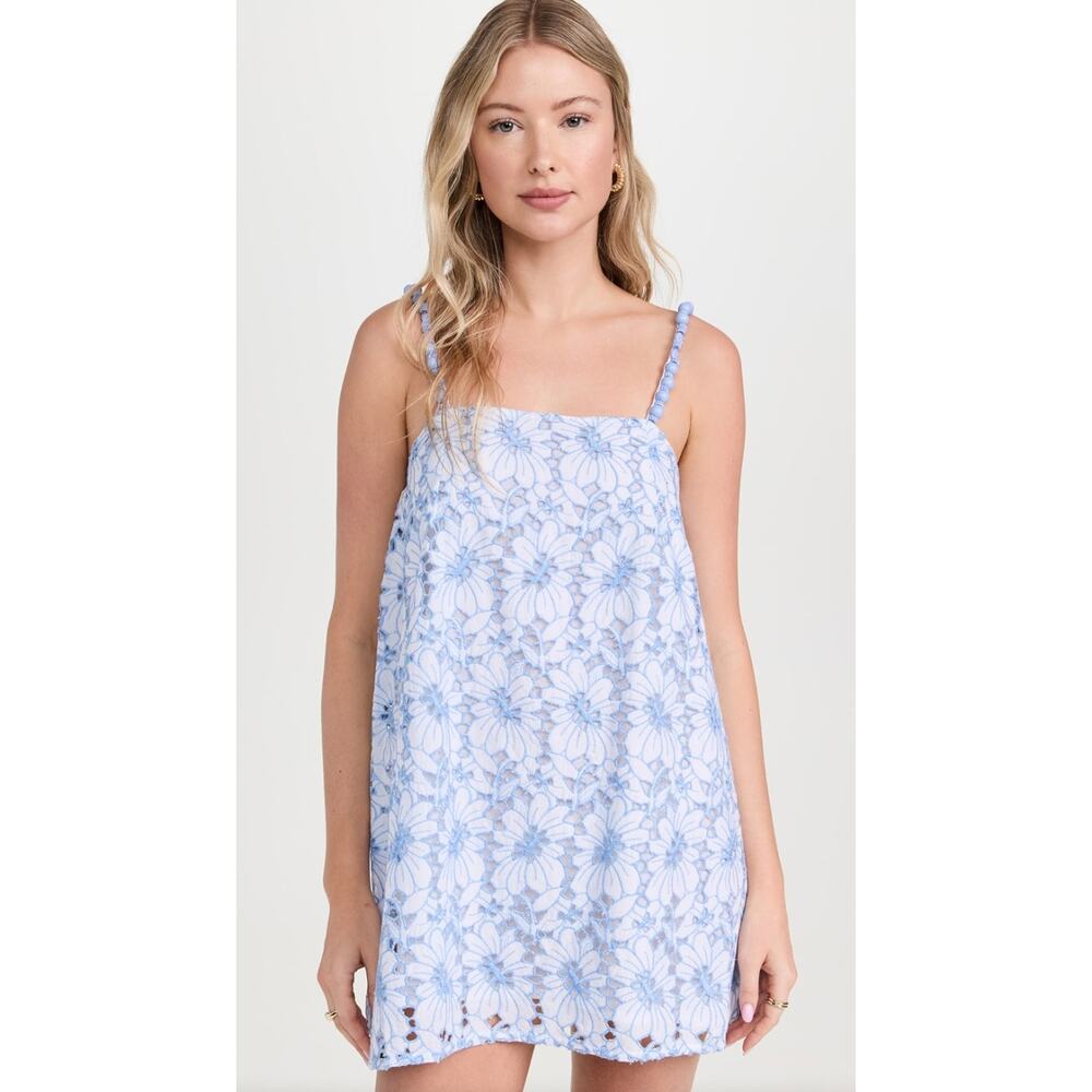 SUNDRESS Karla‎ Eyelet Mini Dress Blue White Floral Embroidered Shift Women's XL